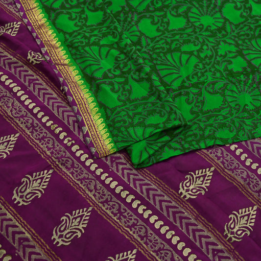 Indian Vintage Sari Green & Purple Pure Crepe Silk Hand Painted Saree 5yd Sewing Floral Craft Fabric Wrap Dress Making Quilting Crafting