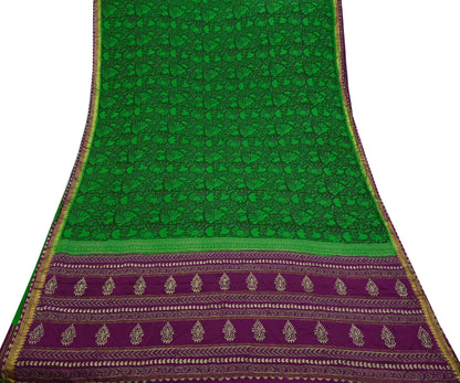 Indian Vintage Sari Green & Purple Pure Crepe Silk Hand Painted Saree 5yd Sewing Floral Craft Fabric Wrap Dress Making Quilting Crafting