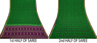 Indian Vintage Sari Green & Purple Pure Crepe Silk Hand Painted Saree 5yd Sewing Floral Craft Fabric Wrap Dress Making Quilting Crafting