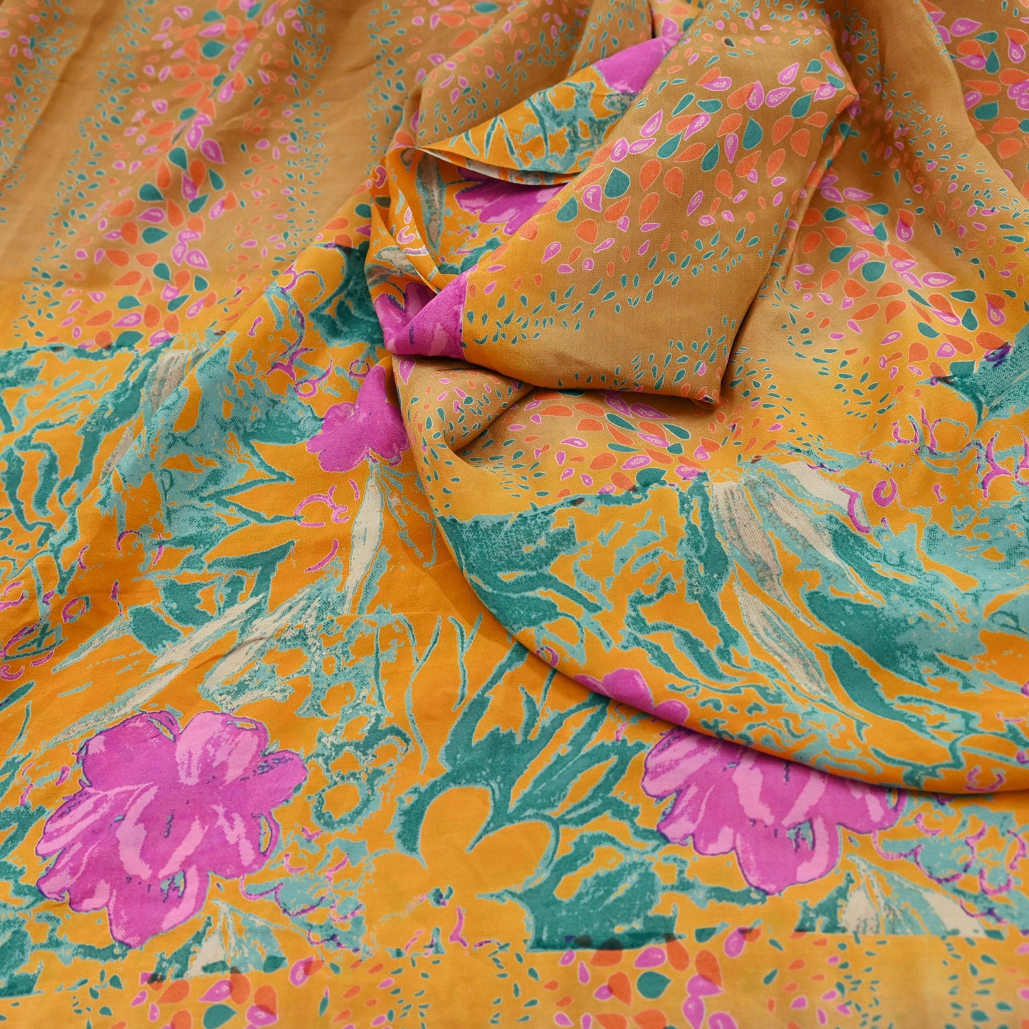 Indian Vintage Sari Beige Pure Crepe Silk Printed Sarees 5yd Sewing Floral Soft Craft Fabric Wrap Dress making Crafting Quilting Used