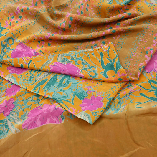 Indian Vintage Sari Beige Pure Crepe Silk Printed Sarees 5yd Sewing Floral Soft Craft Fabric Wrap Dress making Crafting Quilting Used