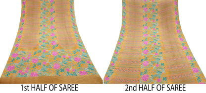 Indian Vintage Sari Beige Pure Crepe Silk Printed Sarees 5yd Sewing Floral Soft Craft Fabric Wrap Dress making Crafting Quilting Used