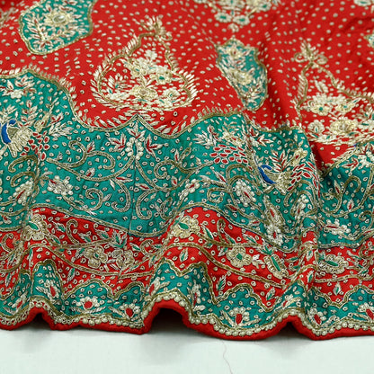 Indian Pre-owned Heavy Wedding Hand Embroidered Designer By Anamika Khanna Lehenga/Skirt Bridal Wear Red Pure Satin Silk