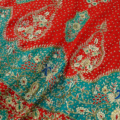 Indian Pre-owned Heavy Wedding Hand Embroidered Designer By Anamika Khanna Lehenga/Skirt Bridal Wear Red Pure Satin Silk