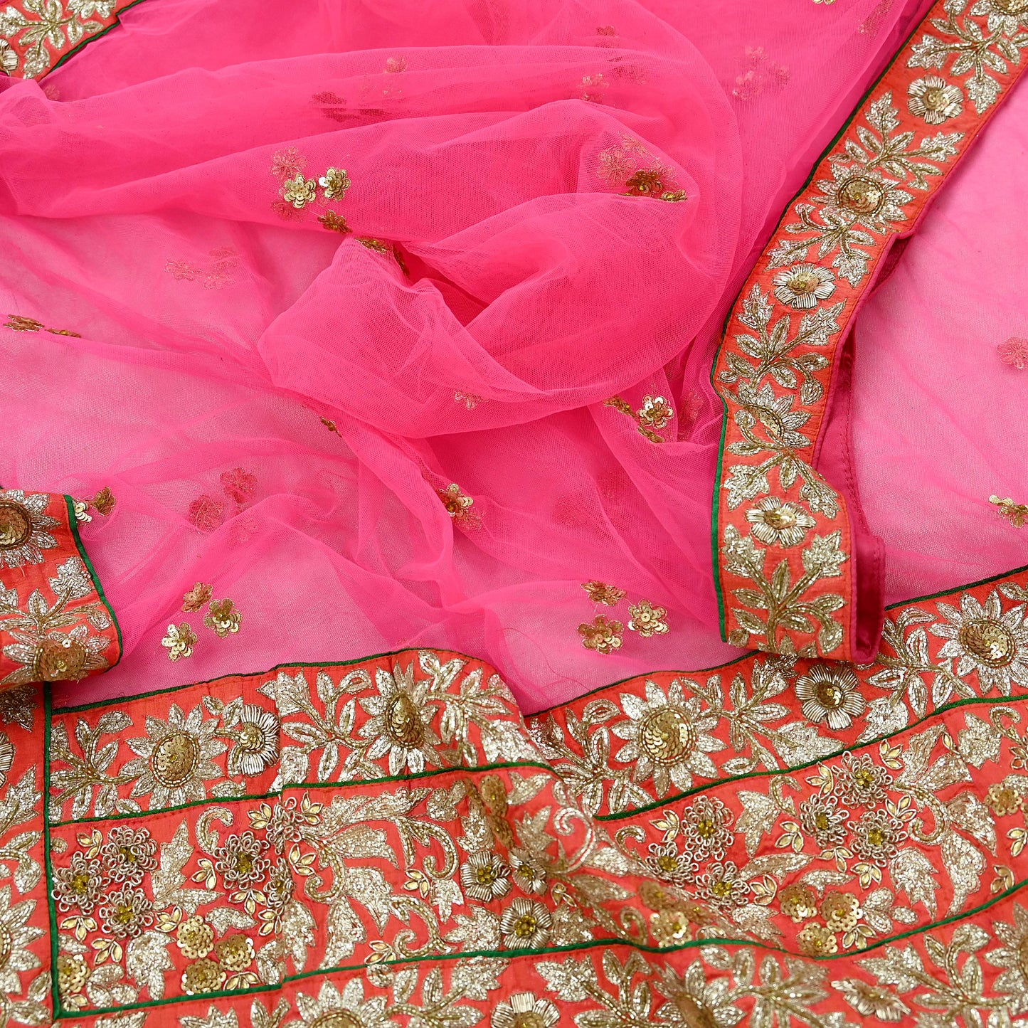 Indian Pre-owned Heavy Wedding Dupatta Pink Net Long Stole Hand Embroidered By Designer Sabyasachi Scarves Zardozi Bridal Veil