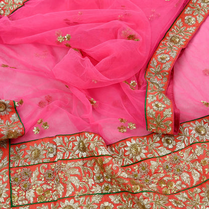 Indian Pre-owned Heavy Wedding Dupatta Pink Net Long Stole Hand Embroidered By Designer Sabyasachi Scarves Zardozi Bridal Veil