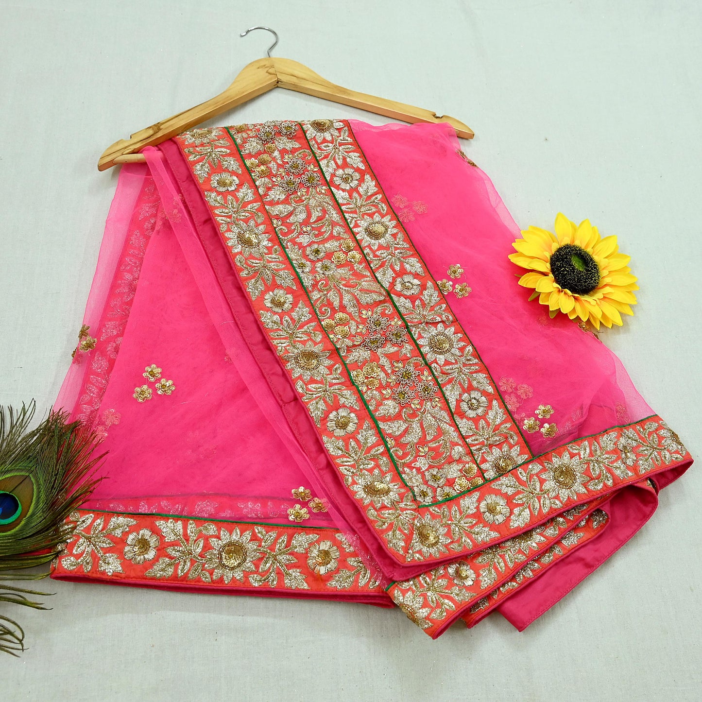 Indian Pre-owned Heavy Wedding Dupatta Pink Net Long Stole Hand Embroidered By Designer Sabyasachi Scarves Zardozi Bridal Veil