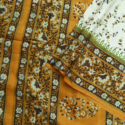 Indian Vintage Sari Ivory & Mustard Printed Pure Silk Sarees 5yd Sewing Craft Fabric DressMaking Soft Wrap Upcycle Quilting Crafting Used