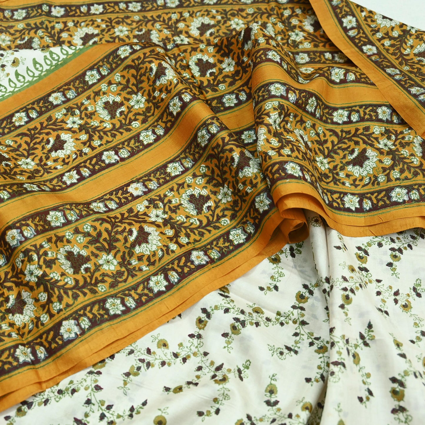 Indian Vintage Sari Ivory & Mustard Printed Pure Silk Sarees 5yd Sewing Craft Fabric DressMaking Soft Wrap Upcycle Quilting Crafting Used