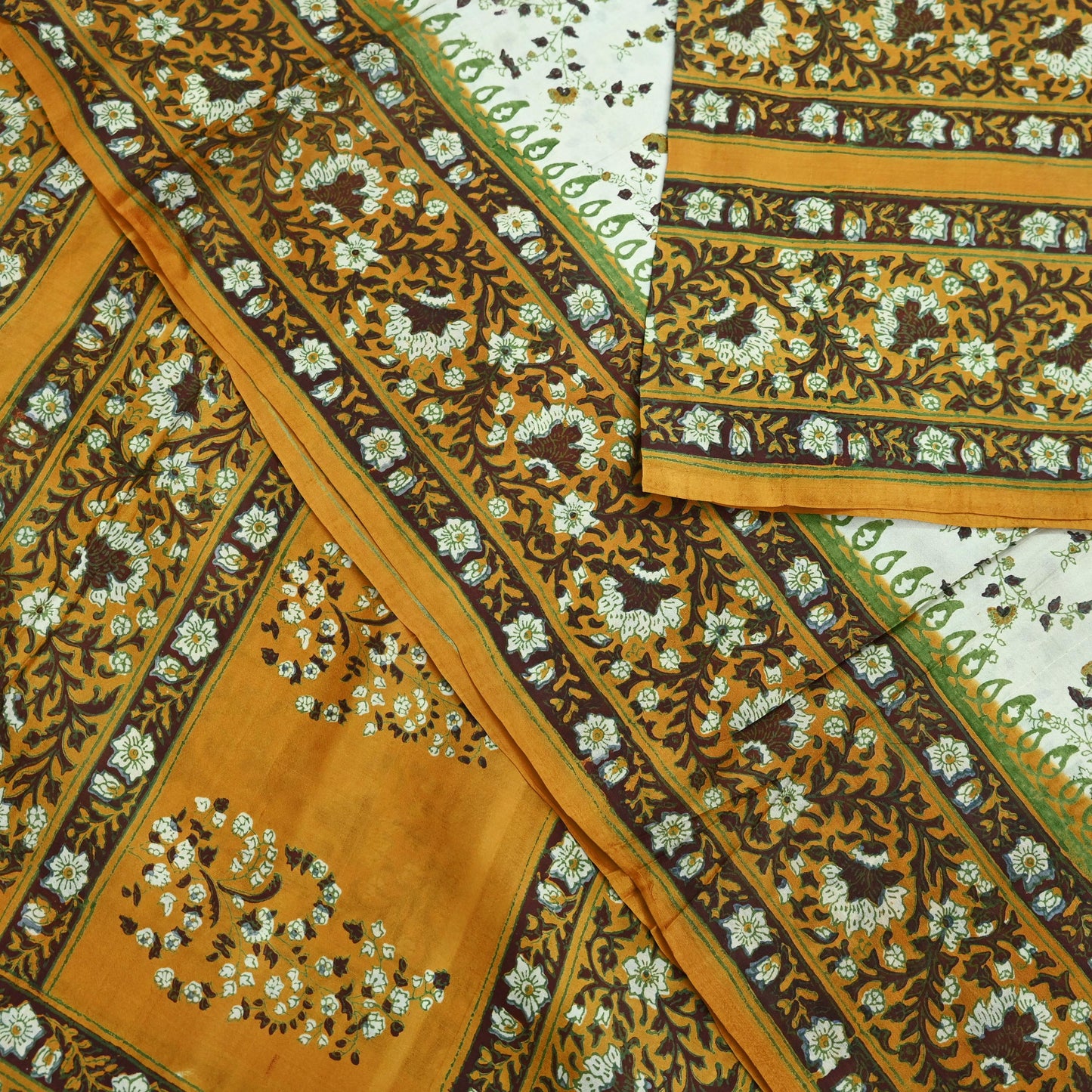 Indian Vintage Sari Ivory & Mustard Printed Pure Silk Sarees 5yd Sewing Craft Fabric DressMaking Soft Wrap Upcycle Quilting Crafting Used