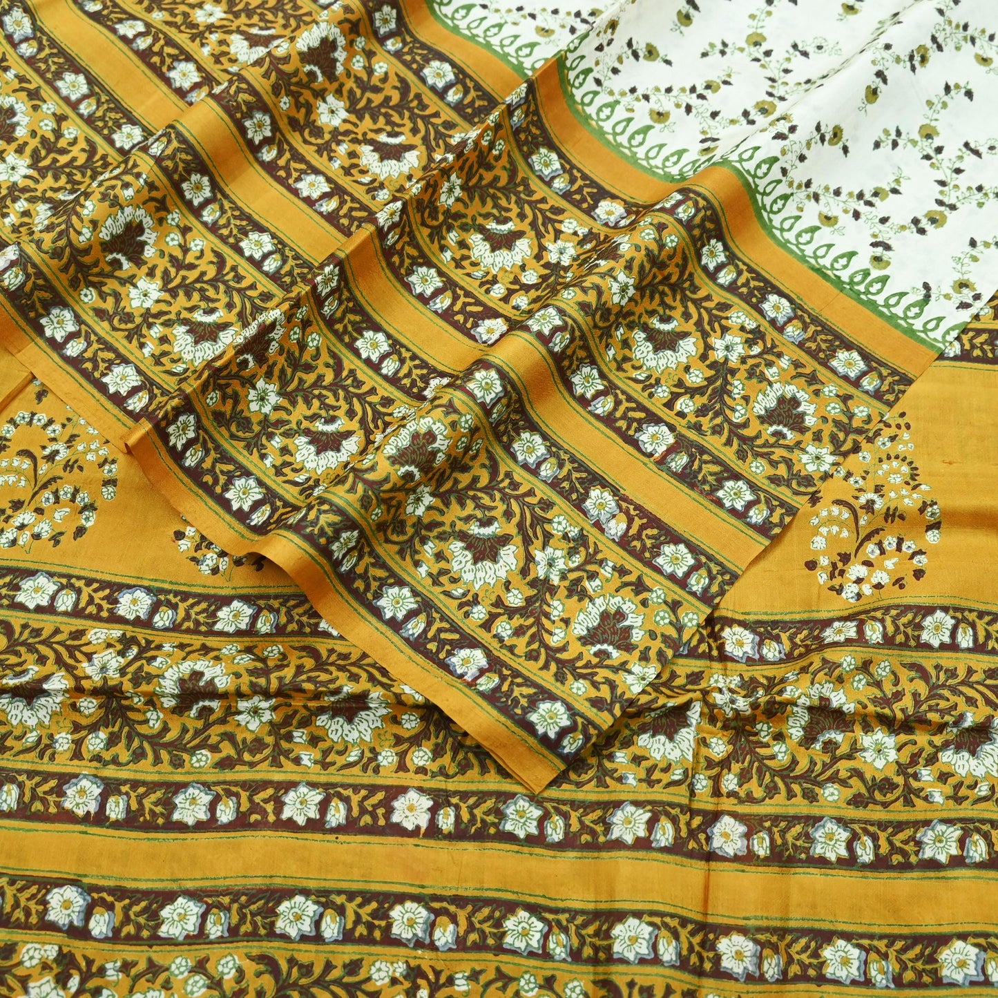 Indian Vintage Sari Ivory & Mustard Printed Pure Silk Sarees 5yd Sewing Craft Fabric DressMaking Soft Wrap Upcycle Quilting Crafting Used