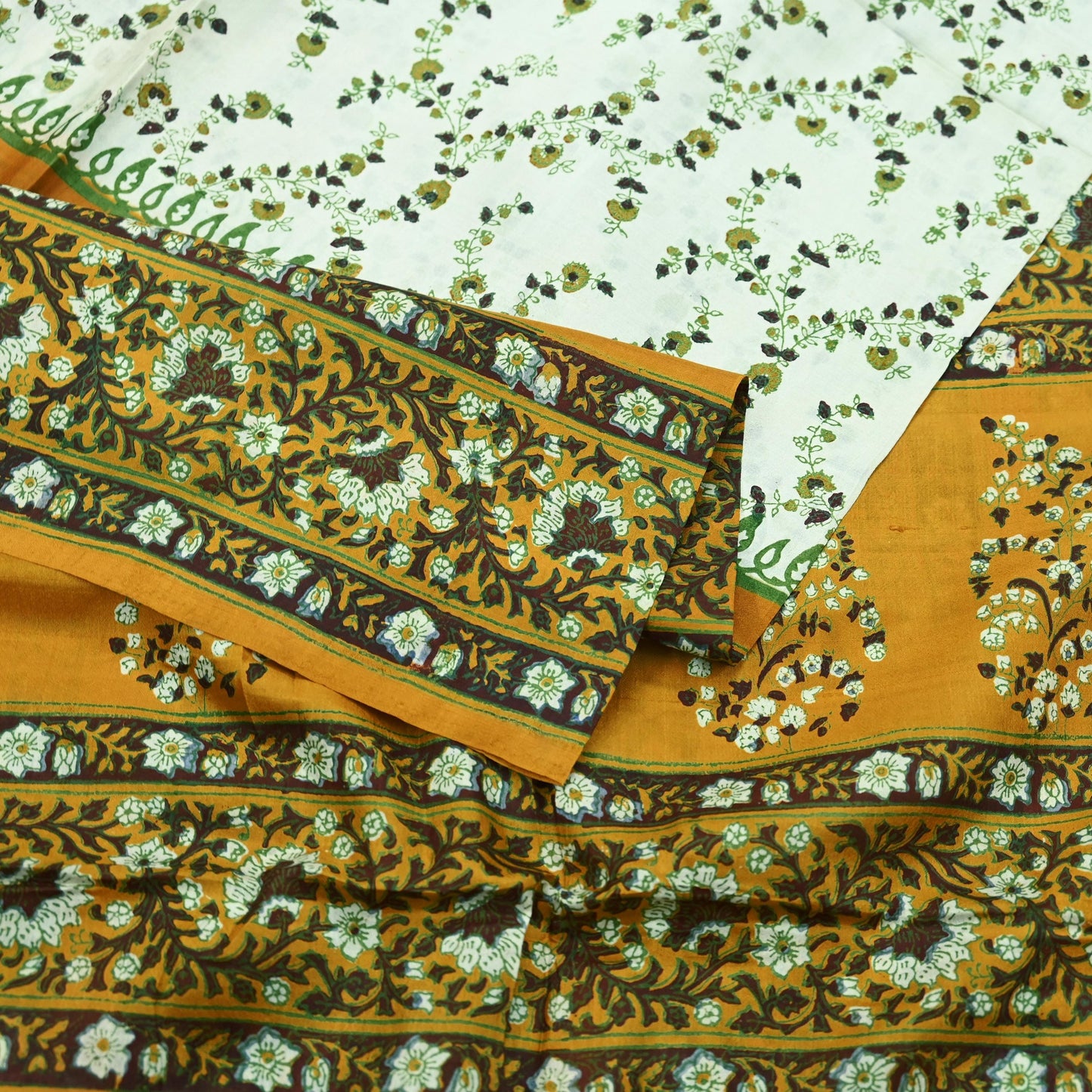 Indian Vintage Sari Ivory & Mustard Printed Pure Silk Sarees 5yd Sewing Craft Fabric DressMaking Soft Wrap Upcycle Quilting Crafting Used