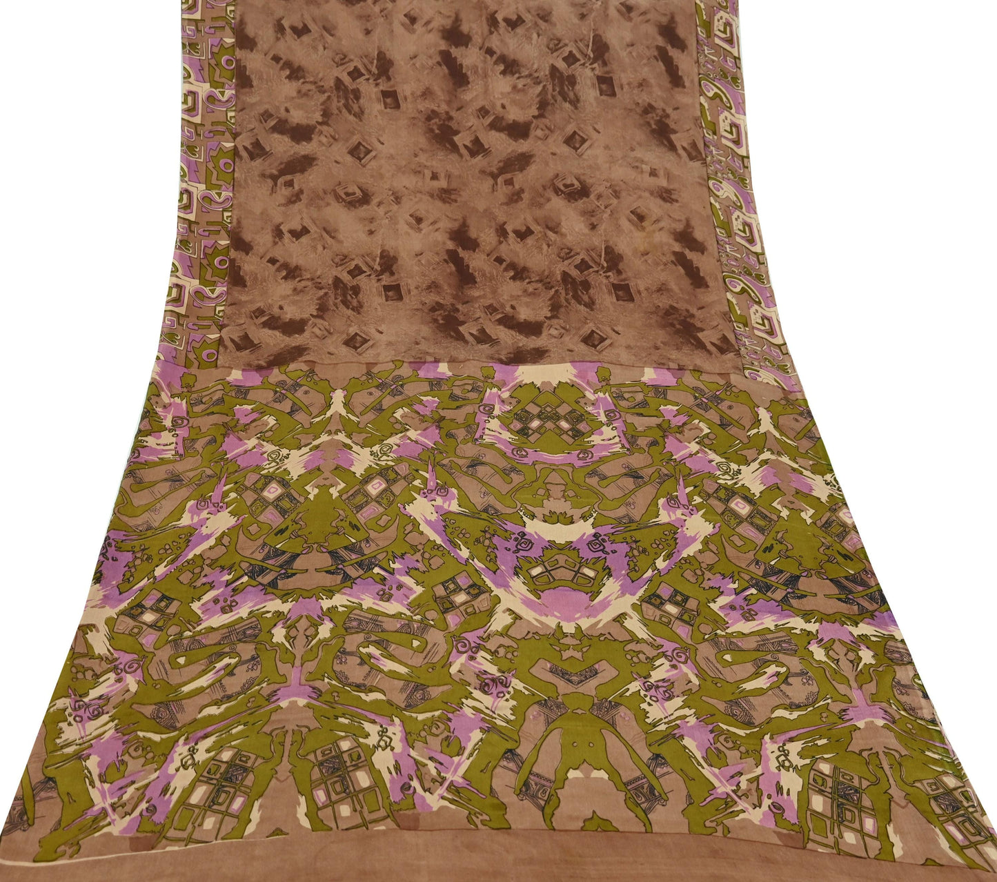 Indian Vintage Sari Brown 100% Pure Silk Printed Saree 5yd Sewing Craft Fabric DressMaking Wrap Abstract For Crafting Quilting Upcycle