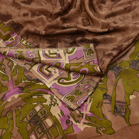 Indian Vintage Sari Brown 100% Pure Silk Printed Saree 5yd Sewing Craft Fabric DressMaking Wrap Abstract For Crafting Quilting Upcycle