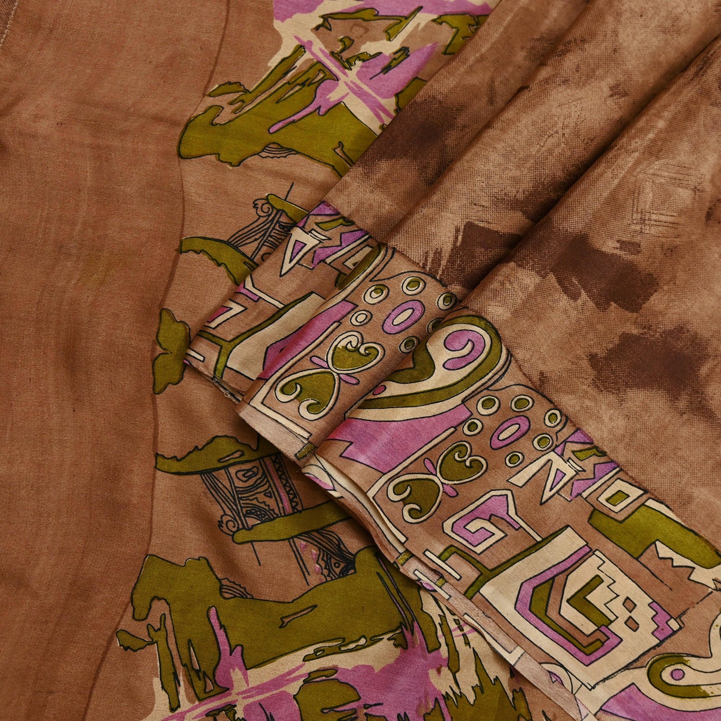 Indian Vintage Sari Brown 100% Pure Silk Printed Saree 5yd Sewing Craft Fabric DressMaking Wrap Abstract For Crafting Quilting Upcycle