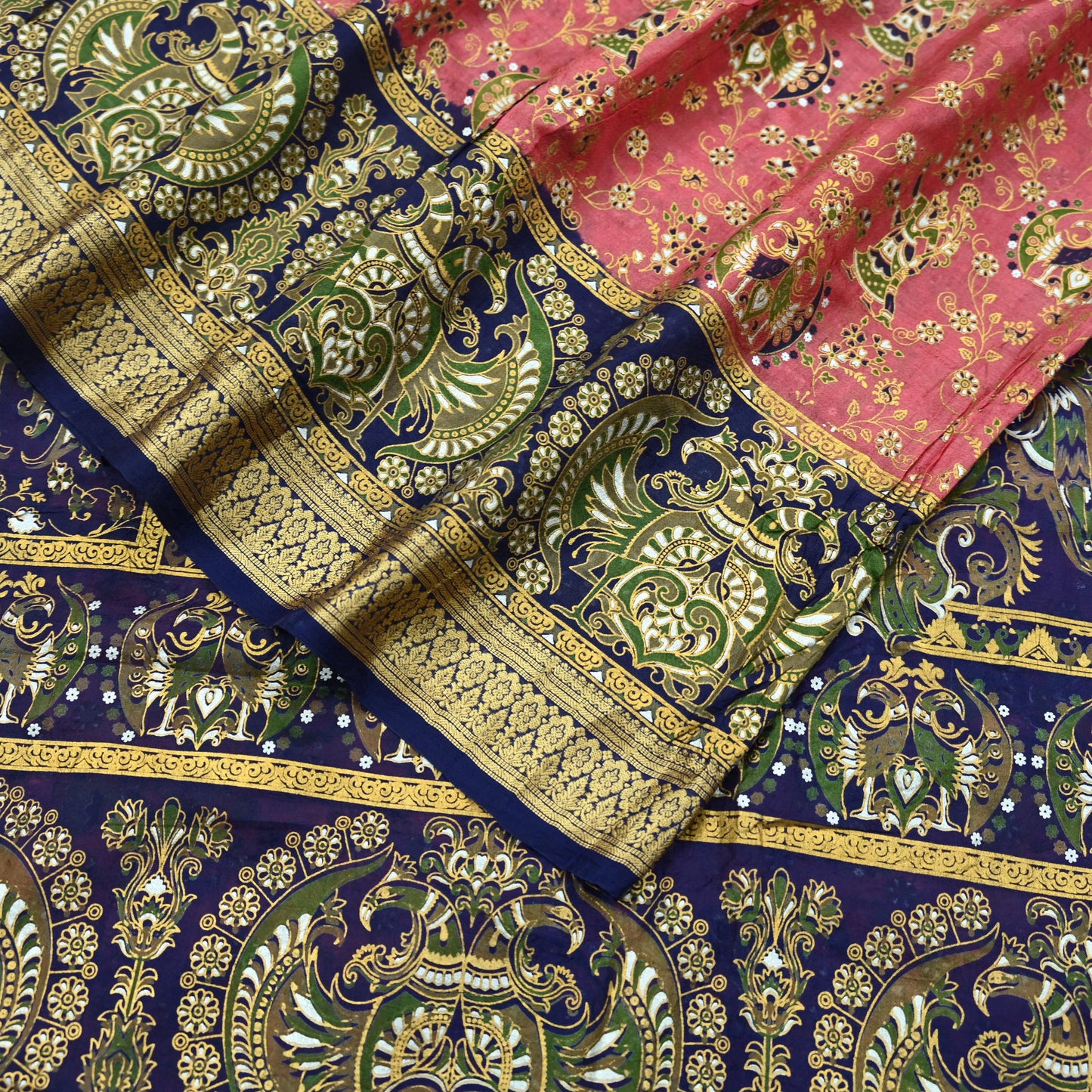Indian Vintage Sari Peach & Blue 100% Pure Silk Painted Sarees 5yd Sewing Craft Fabric DressMaking Soft Wrap