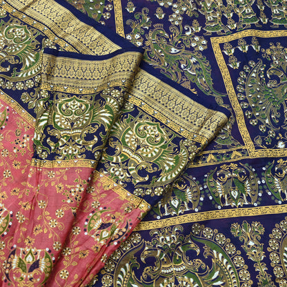 Indian Vintage Sari Peach & Blue 100% Pure Silk Painted Sarees 5yd Sewing Craft Fabric DressMaking Soft Wrap