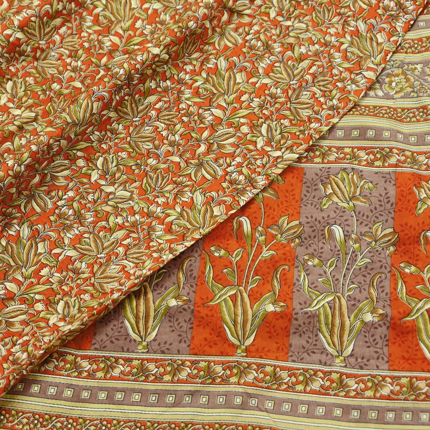 Indian Vintage Sari Orange 100% Pure Silk Printed Saree Craft Fabric 5yd Sewing Dress Making Soft Wrap Paisley Quilting Crafting Upcycle