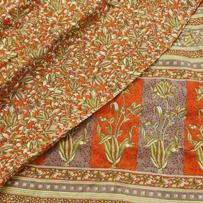 Indian Vintage Sari Orange 100% Pure Silk Printed Saree Craft Fabric 5yd Sewing Dress Making Soft Wrap Paisley Quilting Crafting Upcycle