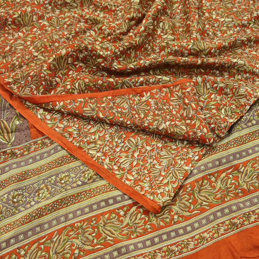 Indian Vintage Sari Orange 100% Pure Silk Printed Saree Craft Fabric 5yd Sewing Dress Making Soft Wrap Paisley Quilting Crafting Upcycle