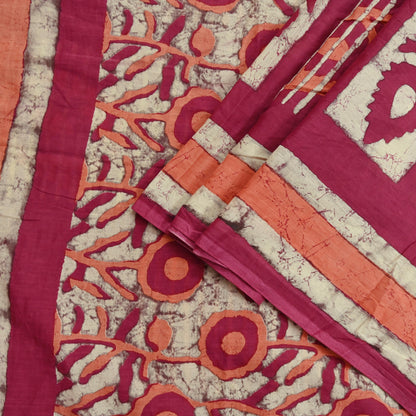 Indian Vintage Sari Pink & Beige Block Printed Pure Cotton Sarees 6Yd Craft Fabric Sewing Sarong Wrap Boho Upcycle quilting Dress making