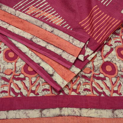 Indian Vintage Sari Pink & Beige Block Printed Pure Cotton Sarees 6Yd Craft Fabric Sewing Sarong Wrap Boho Upcycle quilting Dress making