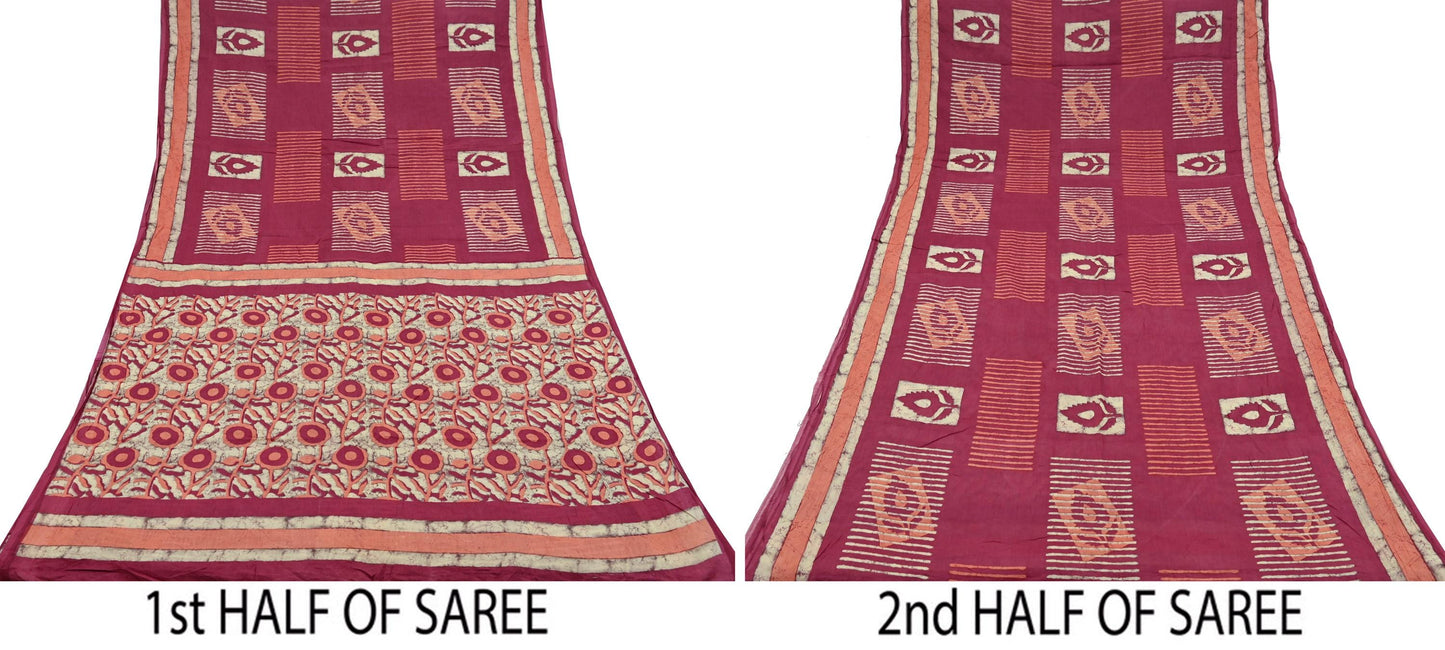 Indian Vintage Sari Pink & Beige Block Printed Pure Cotton Sarees 6Yd Craft Fabric Sewing Sarong Wrap Boho Upcycle quilting Dress making