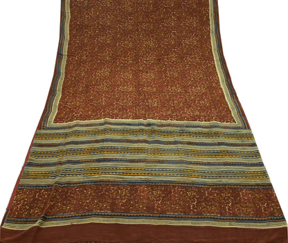 Indian Vintage Brown Saree Pure Crepe Silk Printed Sari 5yd Sewing Floral Soft Craft Fabric Wrap Dress Making Crafting Quilting