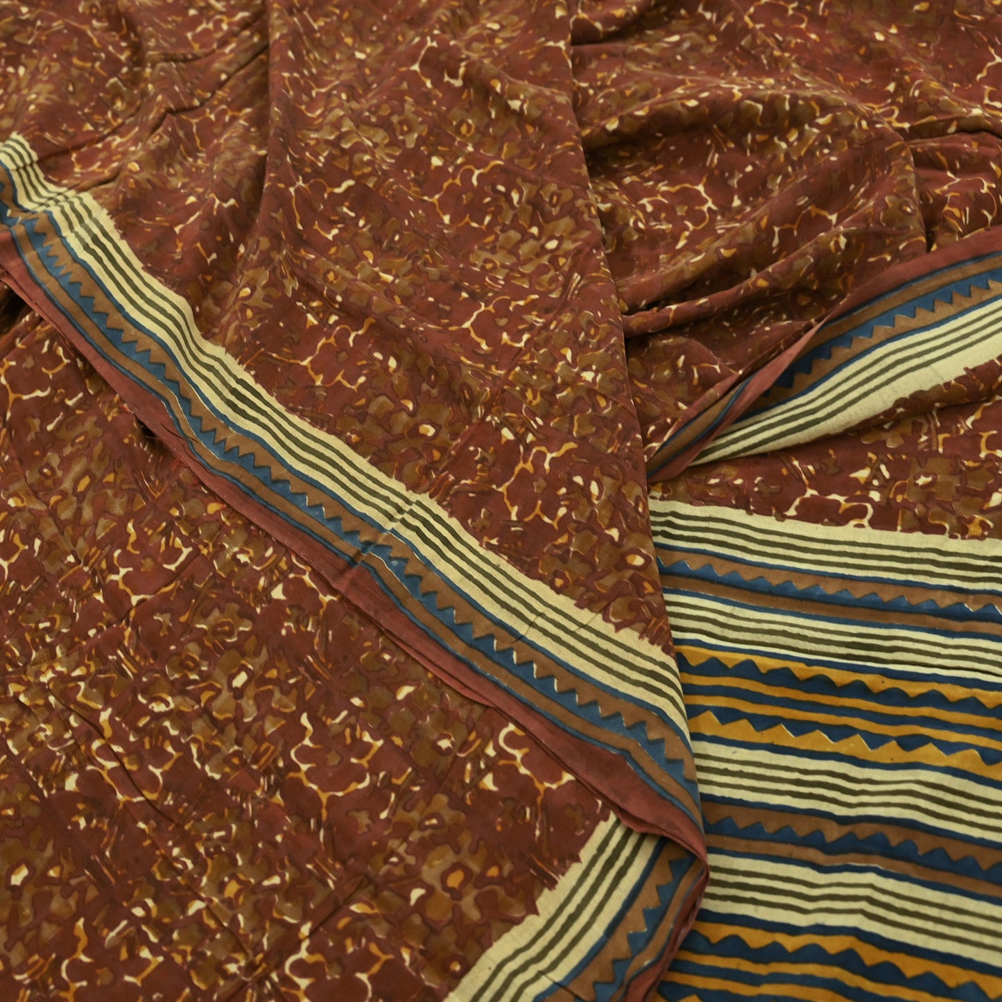 Indian Vintage Brown Saree Pure Crepe Silk Printed Sari 5yd Sewing Floral Soft Craft Fabric Wrap Dress Making Crafting Quilting