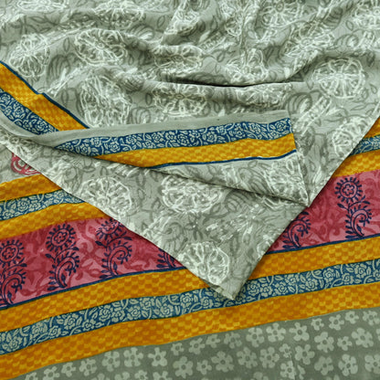 Indian Vintage Sari Gray Pure Crepe Silk Printed Sarees 5yd Sewing Soft Craft Fabric Wrap Upcycle Quilting Crafting Dress making