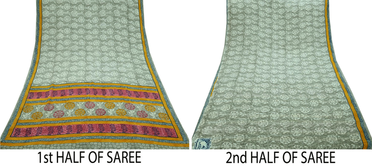 Indian Vintage Sari Gray Pure Crepe Silk Printed Sarees 5yd Sewing Soft Craft Fabric Wrap Upcycle Quilting Crafting Dress making