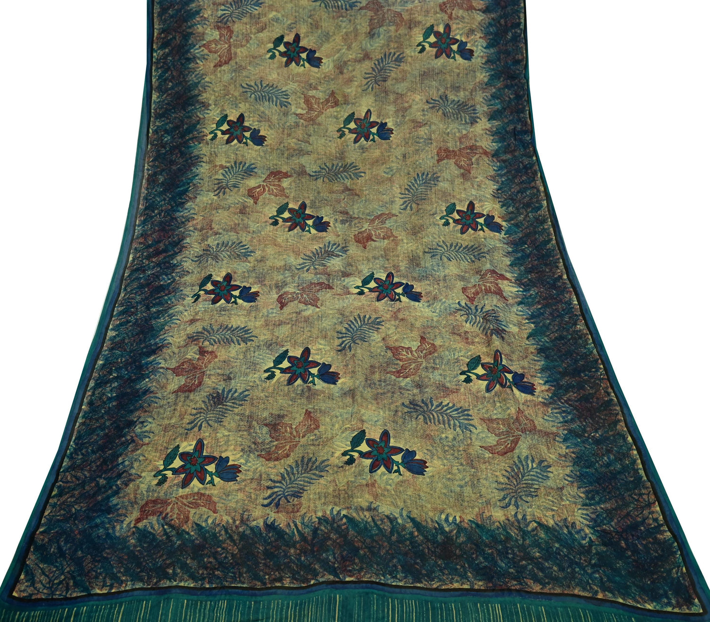 Women Vintage Sari Green Pure Georgette Silk Printed Saree Craft Fabric Sewing 5Yd Soft Light Dress Making Abstract Crafting Quilting