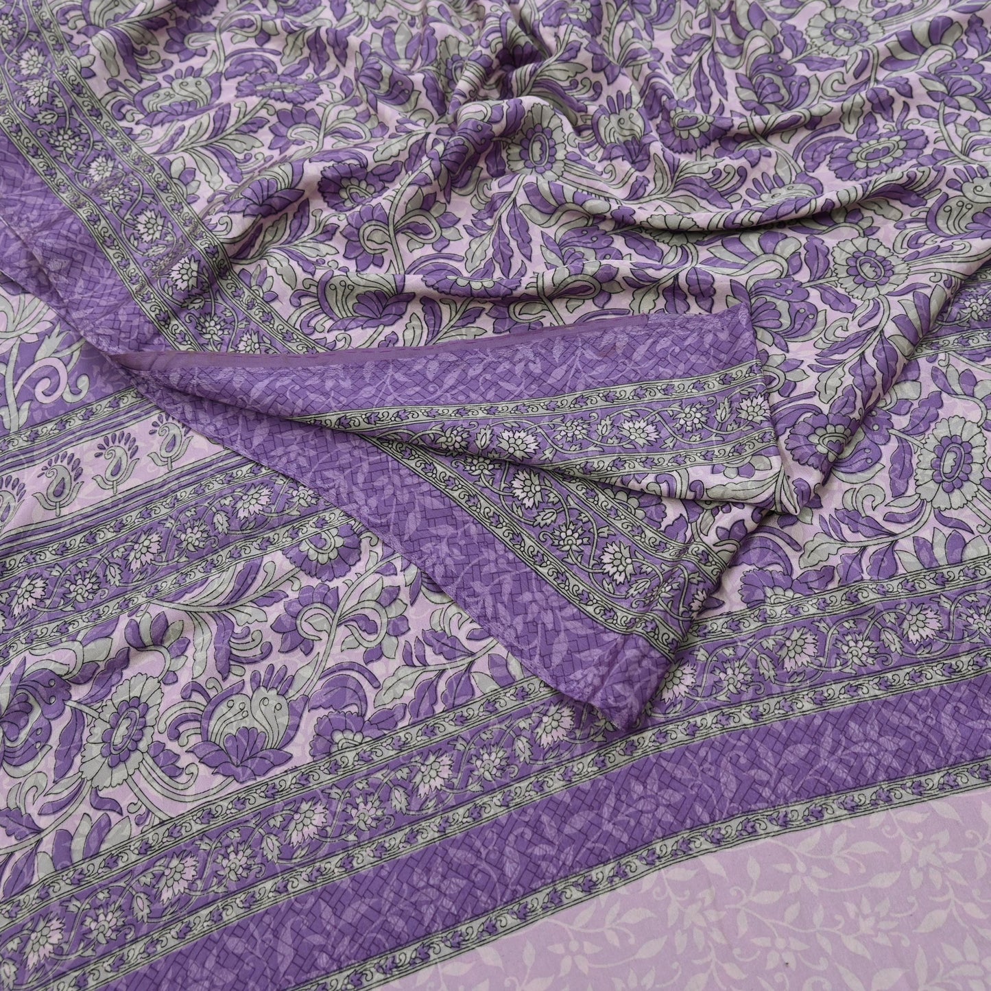 Indian Vintage Pink & Purple Saree Moss Crepe Printed Sari 6yd Sewing Soft Craft Fabric Dressmaking Quilting Upcycle Used For Crafting