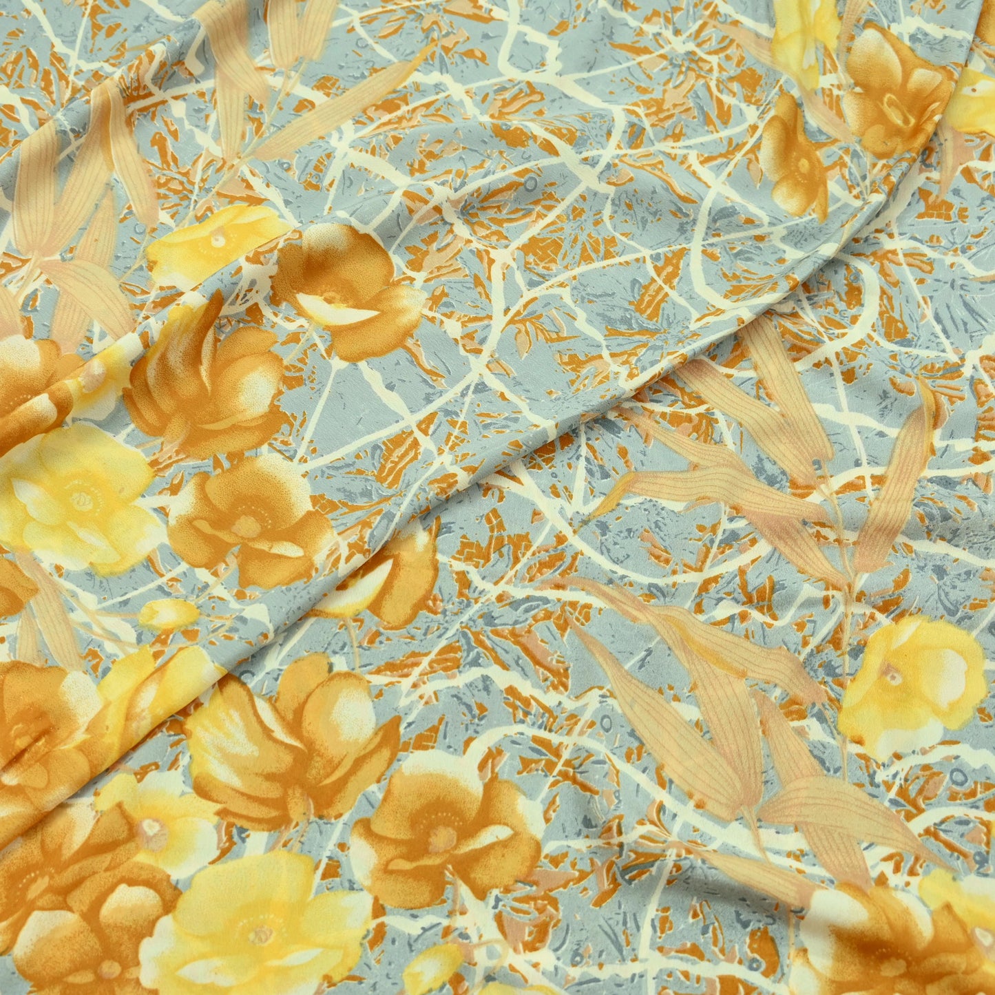 Indian Vintage Mustard & Gray Sarees Moss Crepe Printed Sari 5yd Sewing Floral Soft Craft Fabric DressMaking For Crafting Quilting Upcycle
