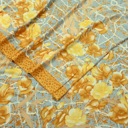 Indian Vintage Mustard & Gray Sarees Moss Crepe Printed Sari 5yd Sewing Floral Soft Craft Fabric DressMaking For Crafting Quilting Upcycle