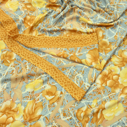 Indian Vintage Mustard & Gray Sarees Moss Crepe Printed Sari 5yd Sewing Floral Soft Craft Fabric DressMaking For Crafting Quilting Upcycle