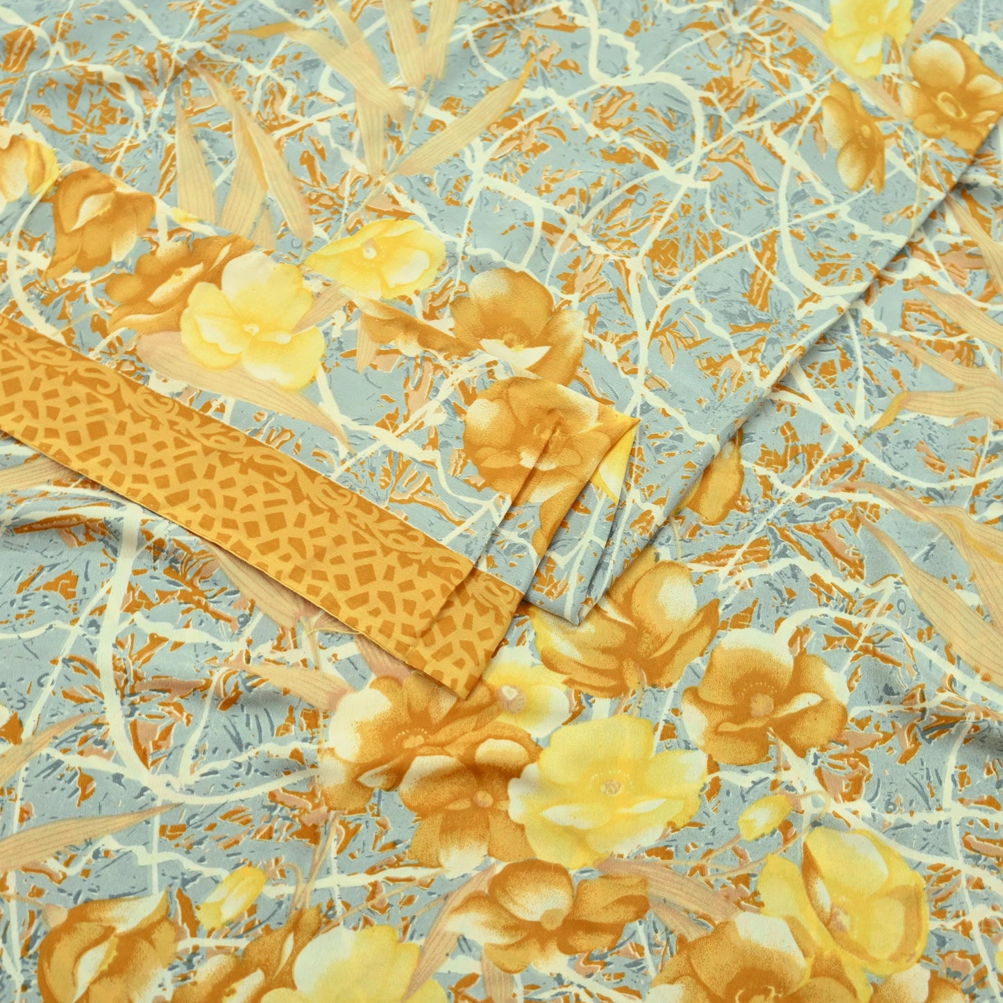 Indian Vintage Mustard & Gray Sarees Moss Crepe Printed Sari 5yd Sewing Floral Soft Craft Fabric DressMaking For Crafting Quilting Upcycle
