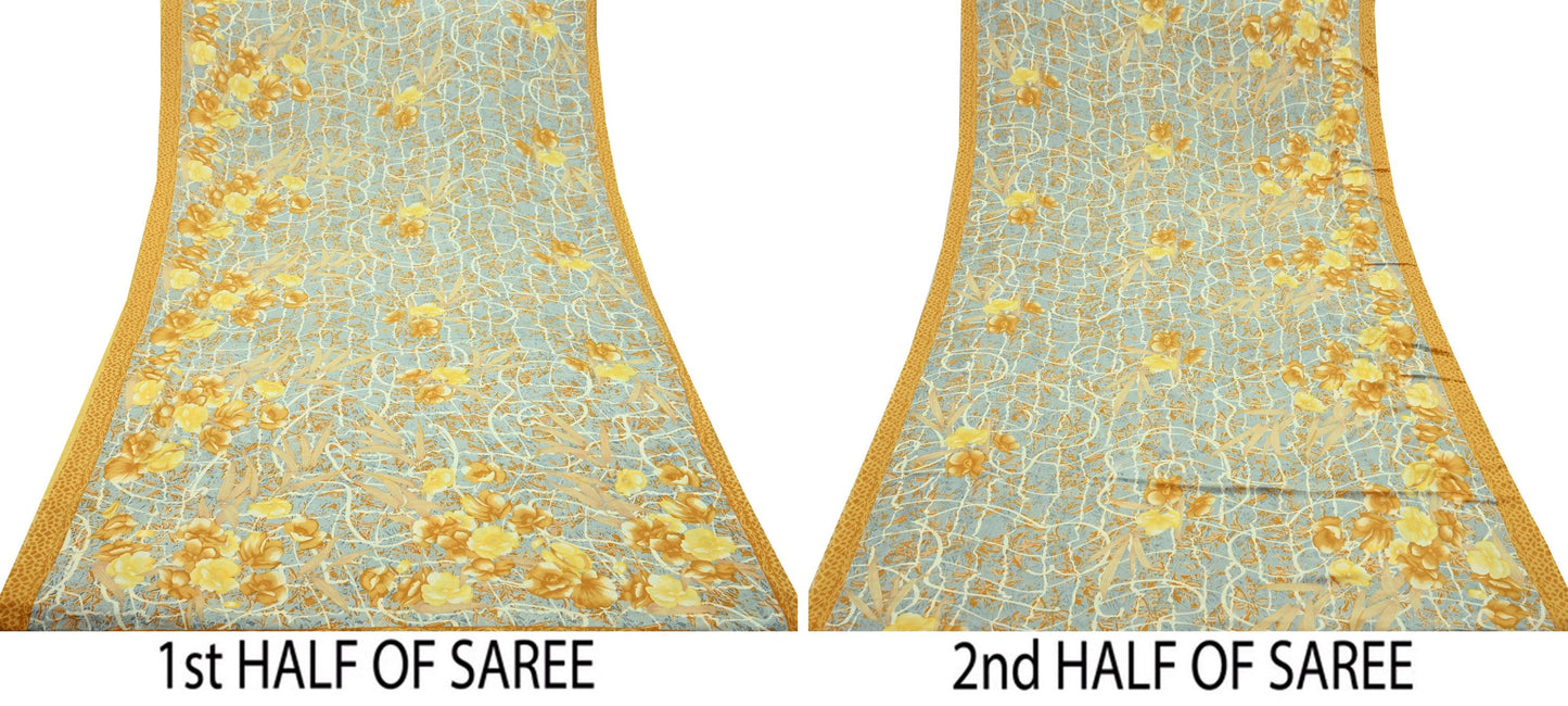 Indian Vintage Mustard & Gray Sarees Moss Crepe Printed Sari 5yd Sewing Floral Soft Craft Fabric DressMaking For Crafting Quilting Upcycle