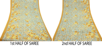 Indian Vintage Mustard & Gray Sarees Moss Crepe Printed Sari 5yd Sewing Floral Soft Craft Fabric DressMaking For Crafting Quilting Upcycle