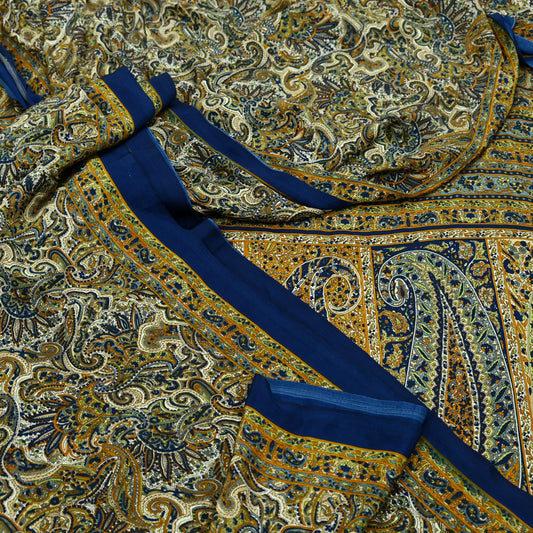 Indian Vintage Saree Blue Moss Crepe Printed Sari 6yd Sewing Soft Craft Fabric Dressmaking  For Crafting Quilting Upcycle Dress Designing