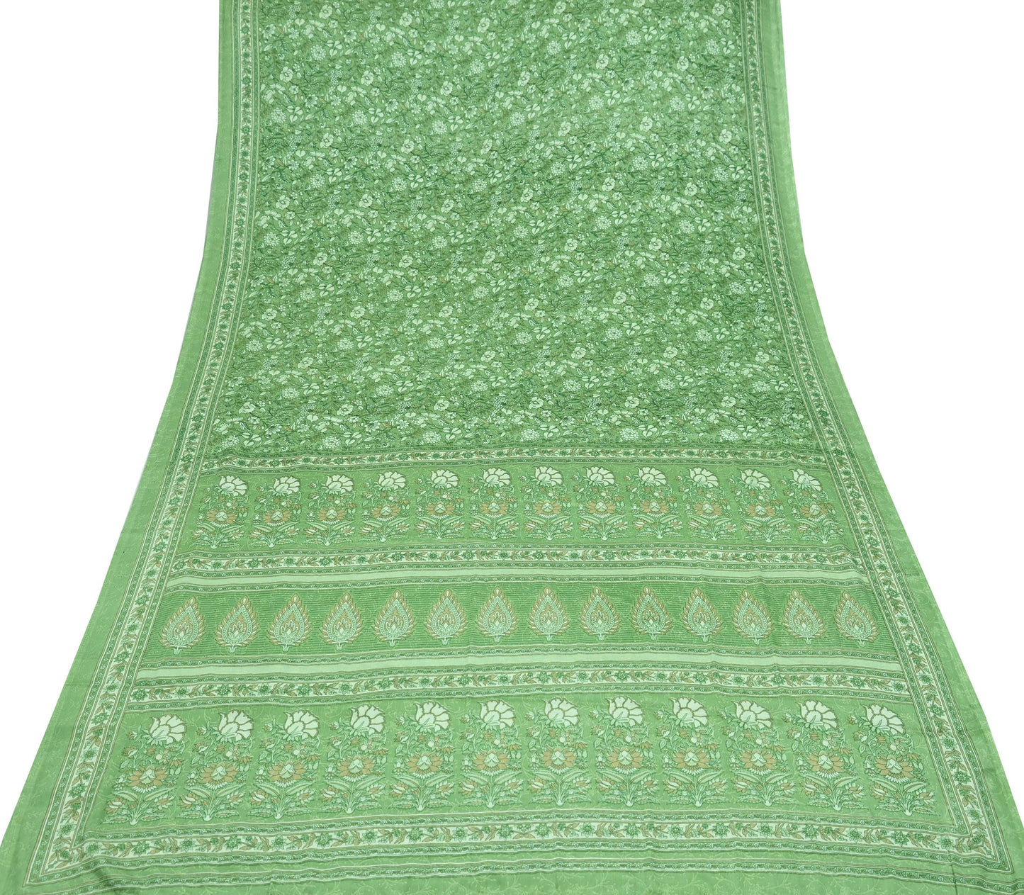 Indian Vintage Green Saree Moss Crepe Printed Sari 5yd Sewing Floral Soft Craft Fabric Dressmaking For Crafting Quilting Upcycle