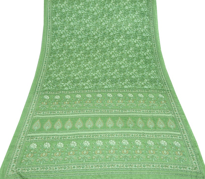 Indian Vintage Green Saree Moss Crepe Printed Sari 5yd Sewing Floral Soft Craft Fabric Dressmaking For Crafting Quilting Upcycle