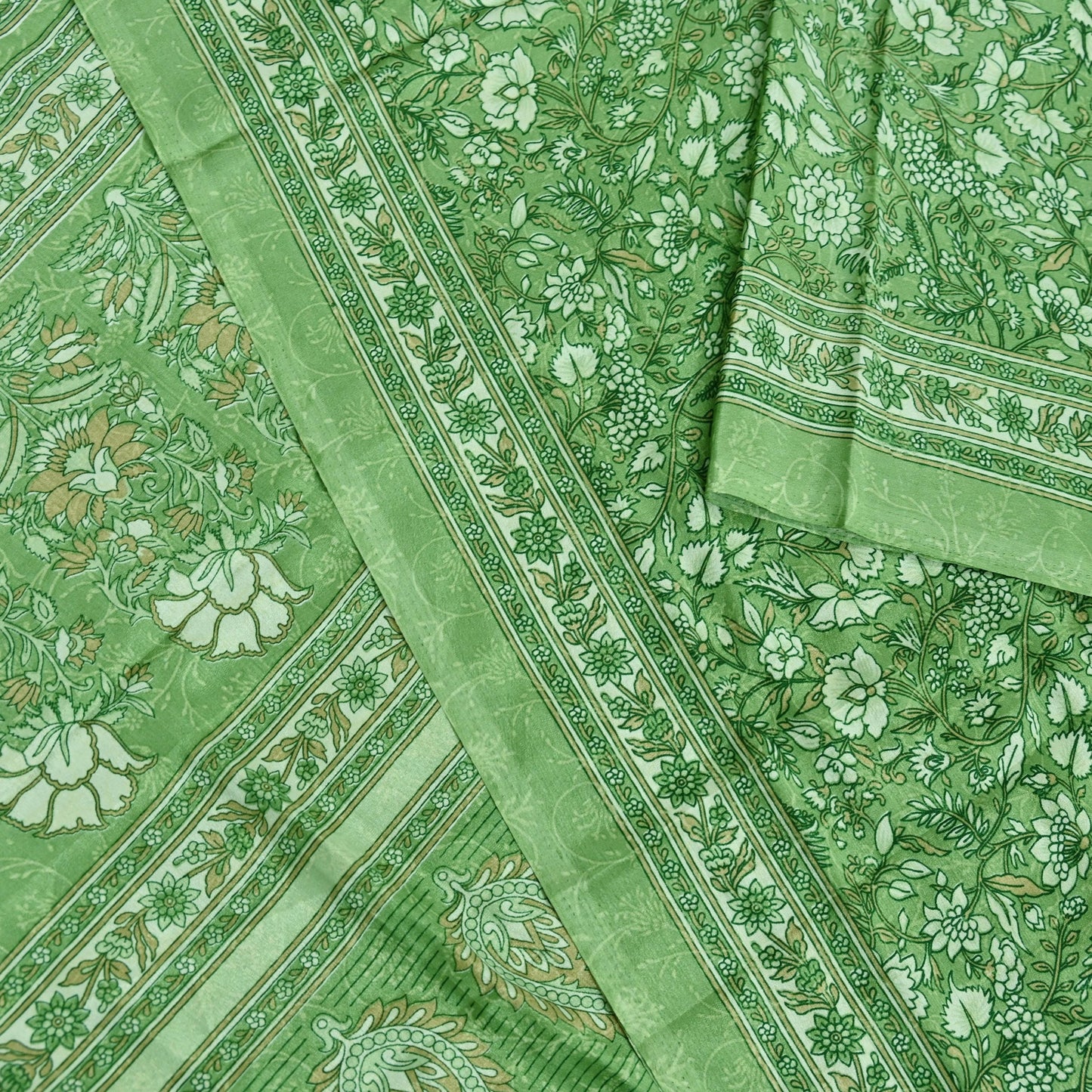 Indian Vintage Green Saree Moss Crepe Printed Sari 5yd Sewing Floral Soft Craft Fabric Dressmaking For Crafting Quilting Upcycle