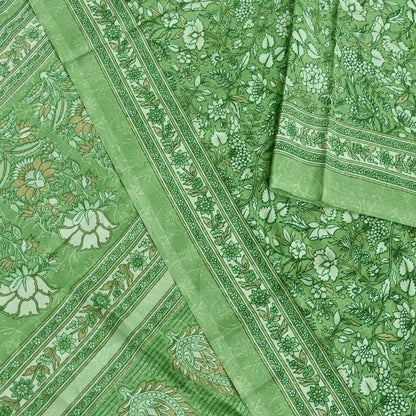 Indian Vintage Green Saree Moss Crepe Printed Sari 5yd Sewing Floral Soft Craft Fabric Dressmaking For Crafting Quilting Upcycle