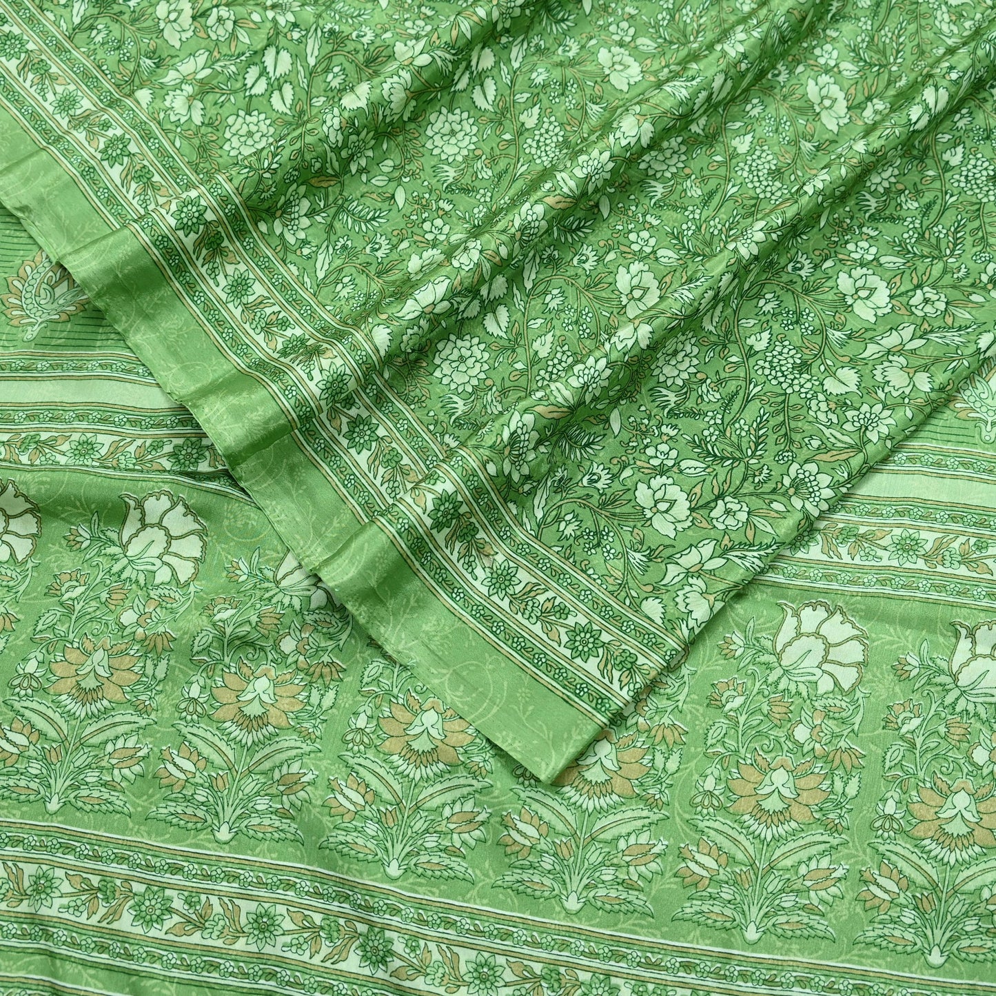 Indian Vintage Green Saree Moss Crepe Printed Sari 5yd Sewing Floral Soft Craft Fabric Dressmaking For Crafting Quilting Upcycle