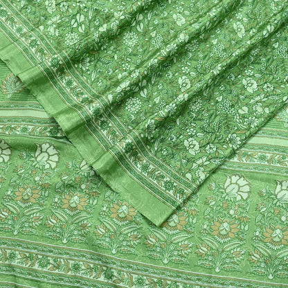 Indian Vintage Green Saree Moss Crepe Printed Sari 5yd Sewing Floral Soft Craft Fabric Dressmaking For Crafting Quilting Upcycle