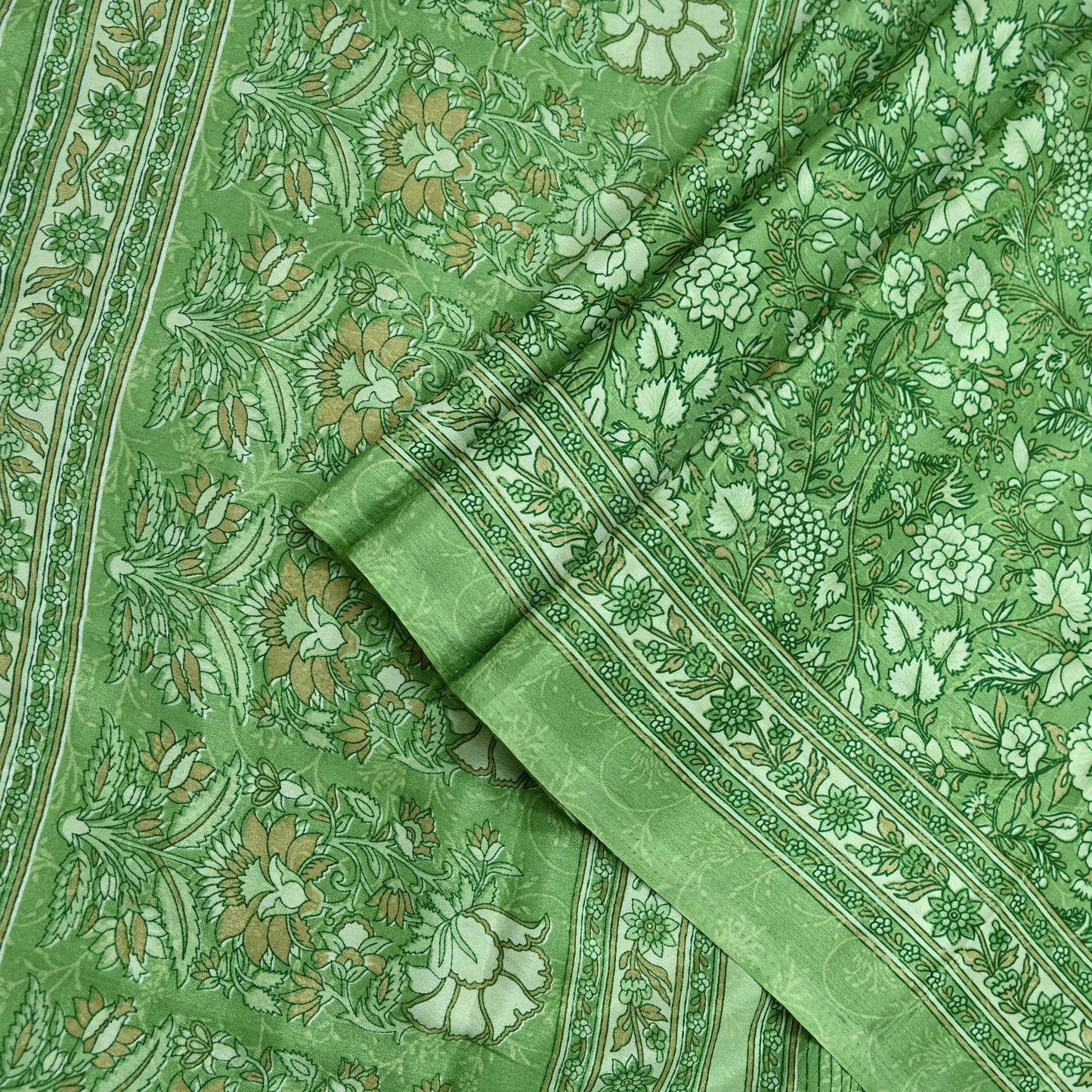 Indian Vintage Green Saree Moss Crepe Printed Sari 5yd Sewing Floral Soft Craft Fabric Dressmaking For Crafting Quilting Upcycle