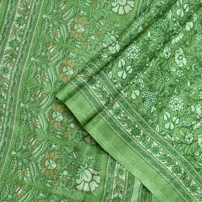 Indian Vintage Green Saree Moss Crepe Printed Sari 5yd Sewing Floral Soft Craft Fabric Dressmaking For Crafting Quilting Upcycle