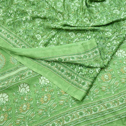 Indian Vintage Green Saree Moss Crepe Printed Sari 5yd Sewing Floral Soft Craft Fabric Dressmaking For Crafting Quilting Upcycle