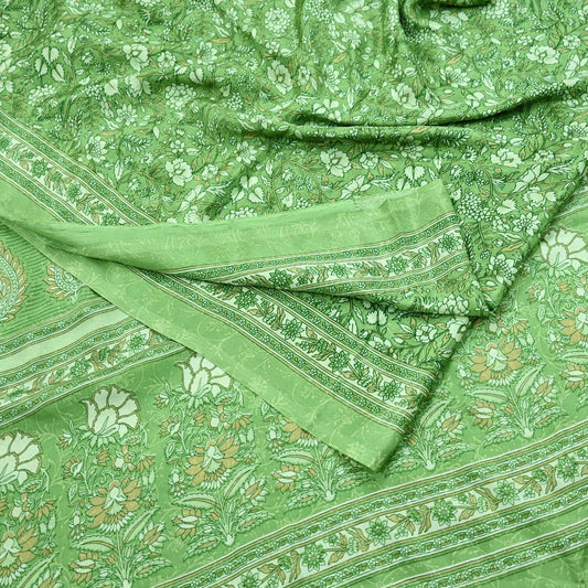 Indian Vintage Green Saree Moss Crepe Printed Sari 5yd Sewing Floral Soft Craft Fabric Dressmaking For Crafting Quilting Upcycle